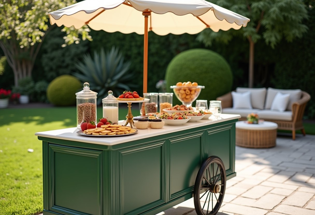 A green mini pancake cart with a cream umbrella at a garden party, set up with a topping bar, fresh fruit and mini pancakes