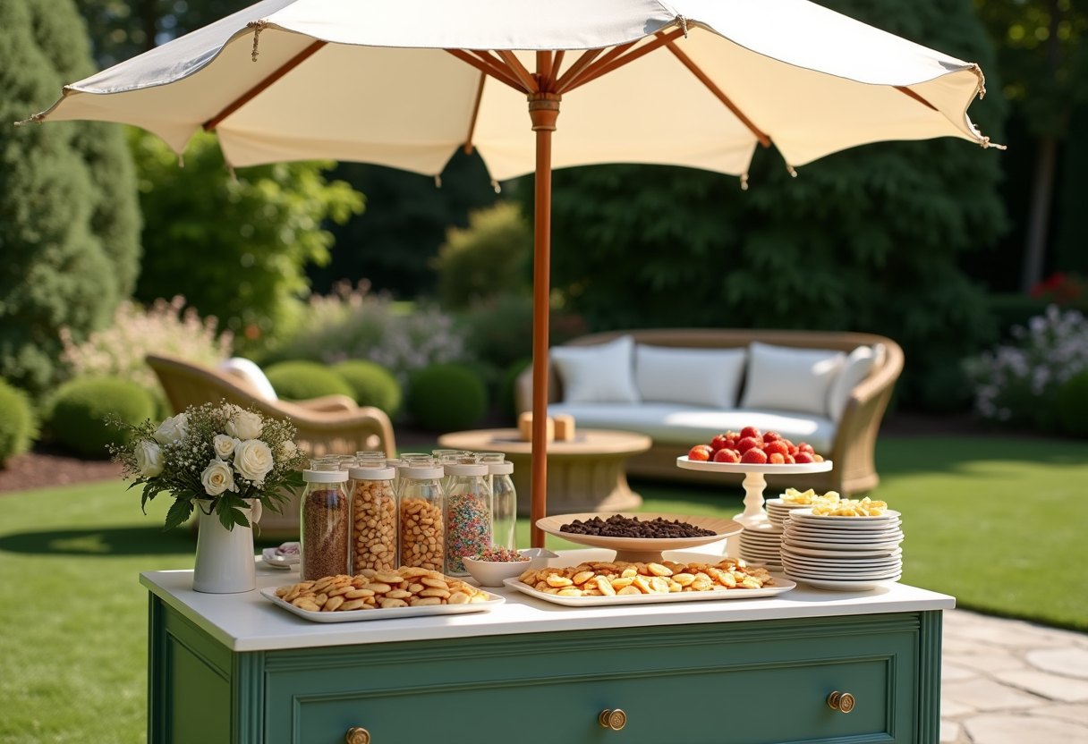 A green Panqueis mini pancake cart styled for a garden party — flat mini pancakes on the griddle, a topping bar of jars, fresh fruit and syrups, under a cream umbrella