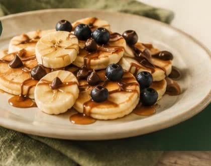 Mini pancakes with banana, blueberries, chocolate chips and syrup on a plate