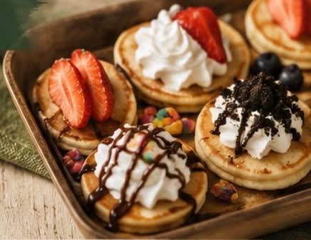 Assorted mini pancakes topped with strawberries, whipped cream, crushed Oreos and fruity cereal on a serving tray