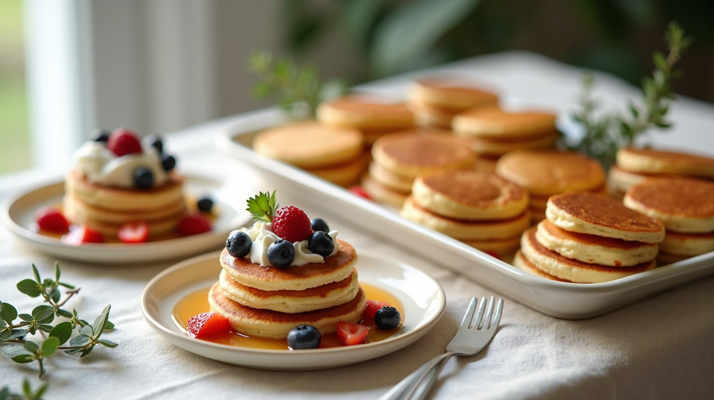 An abundant spread of mini pancakes with fresh strawberries, blueberries, whipped cream and maple syrup
