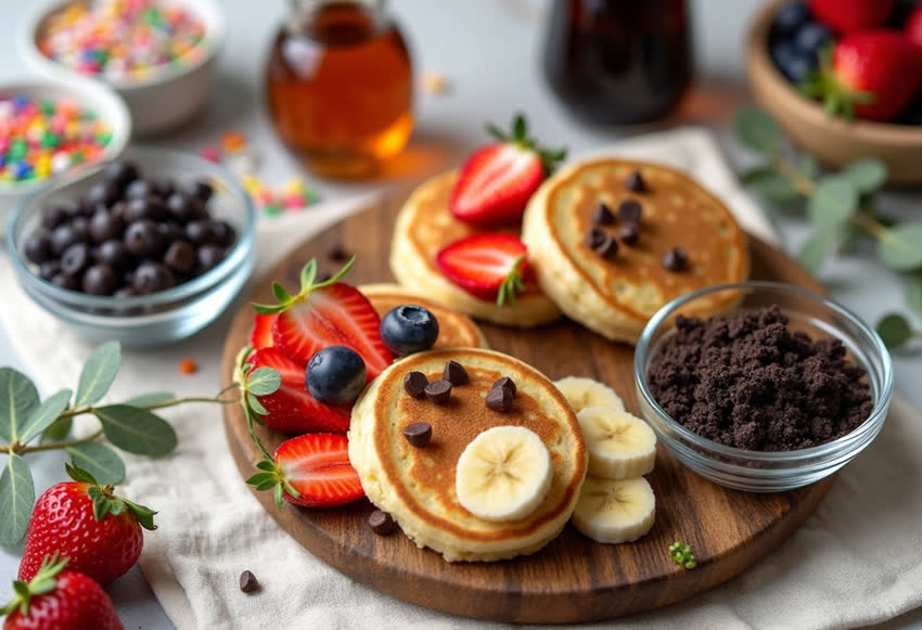 Build-your-own mini pancake topping bar with berries, banana, chocolate and syrup